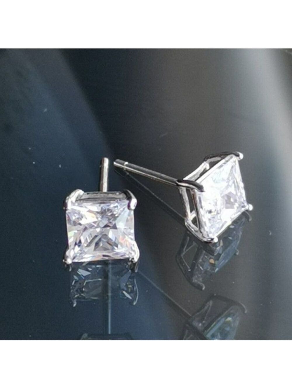 Sterling Silver CZ Emerald Cut Square Stud Earrings